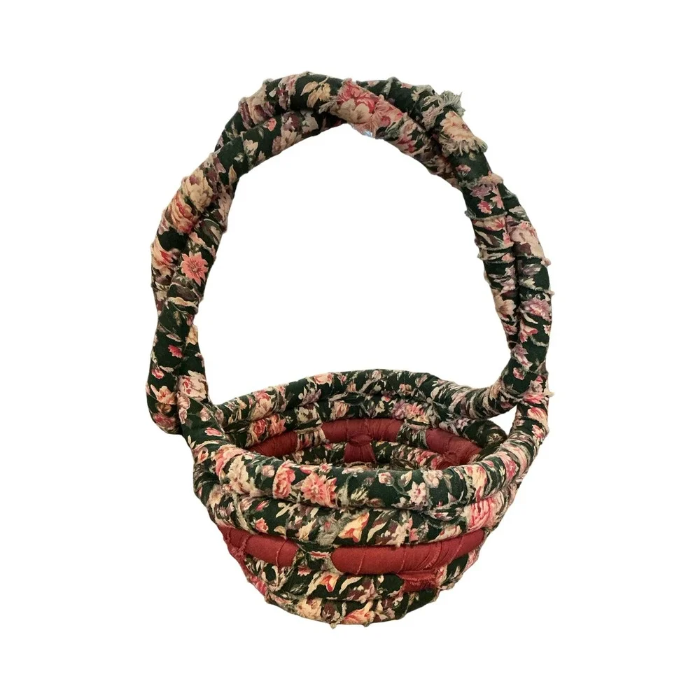 Handmade Vintage Coil Basket Twisted Floral Pink Green Burgundy‎ Cottagecore